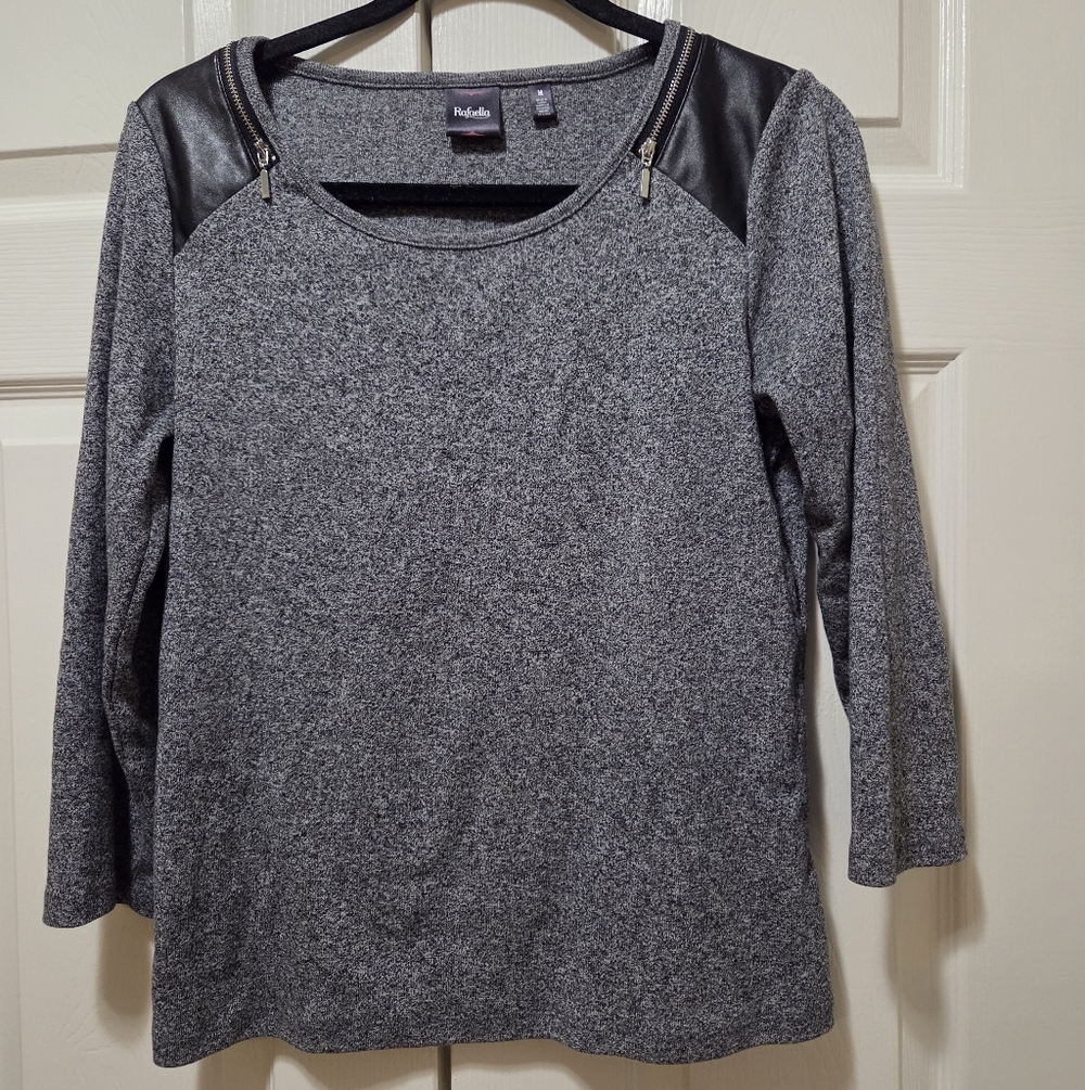 Rafaella Gray 3/4 Sleeve Top with Black  Leather & Zipper Detail - Medium